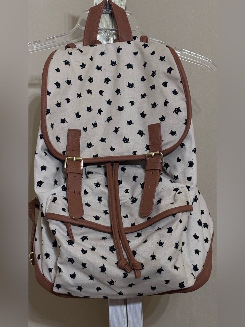 Canvas Cat Print Drawstring Backpack with Brown Faux Leather Trim